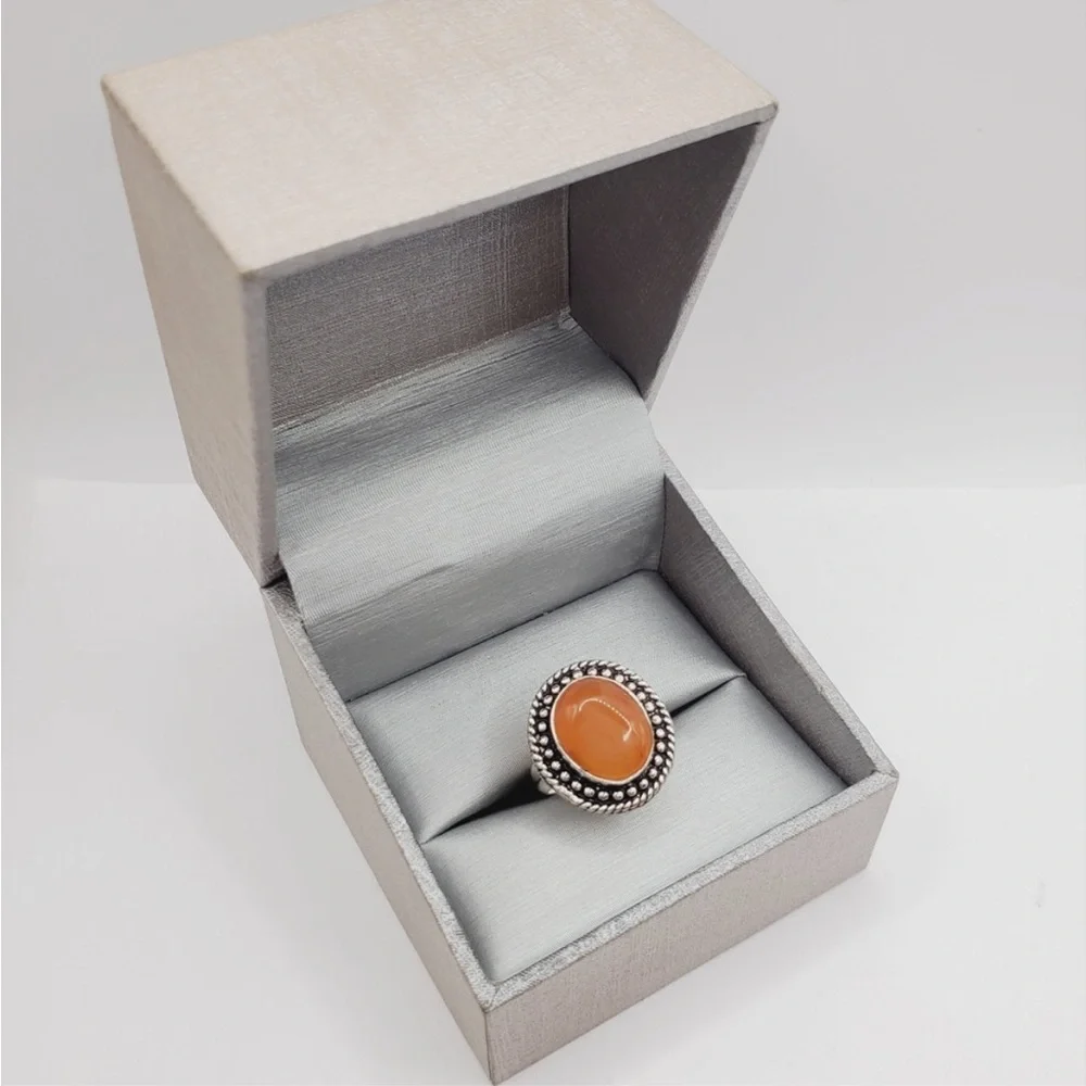 Genuine Bezel Set Orange Carnelian 925 Sterling Silver Ring